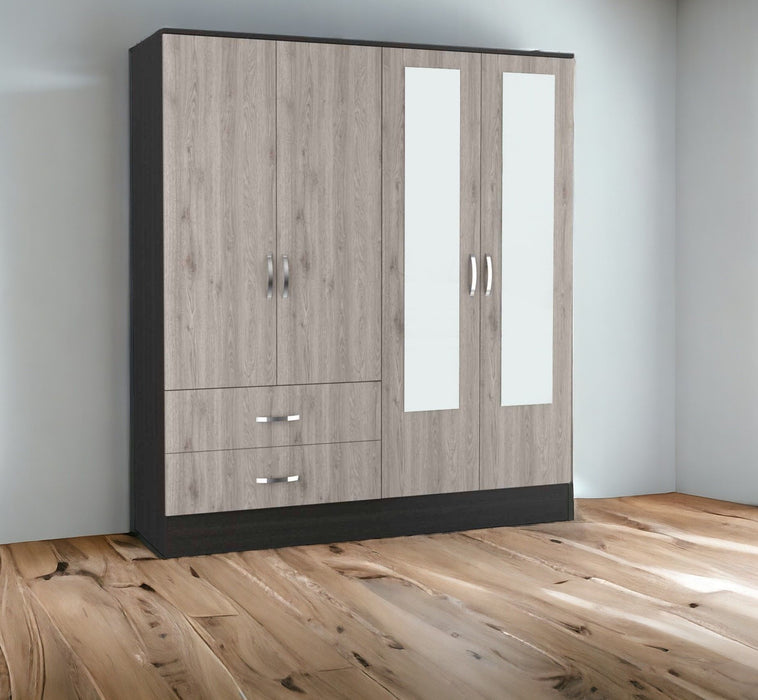 Four Door Wardrobe Closet With Mirrors - Light Oak / Black