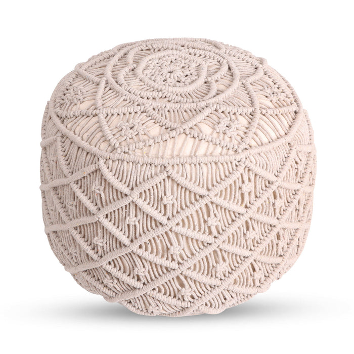 Cotton Blend Round Floral Pouf Ottoman - Ivory