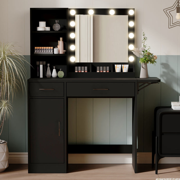 Vanity Desk With Drawers & Mirror With Lights, With Drawers & Cabinet 3 Shelves Lots Storage For Stylish Bedroom