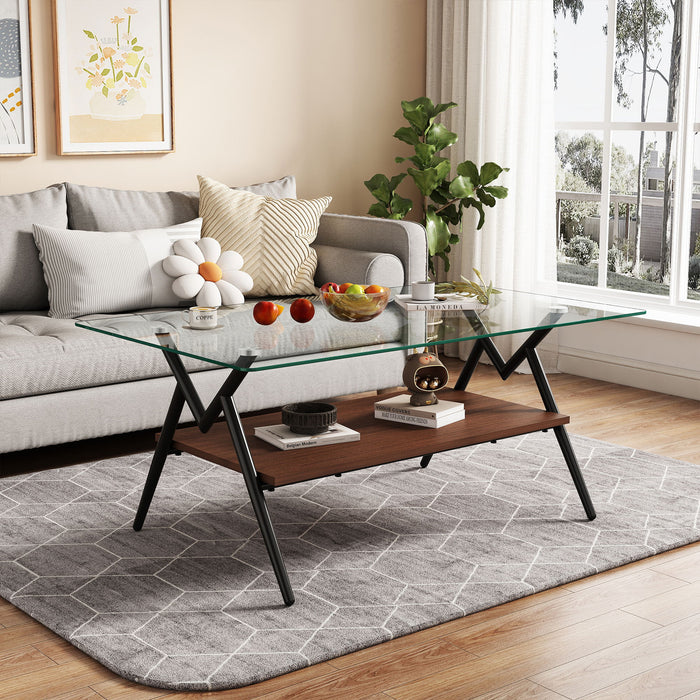 Rectangle Coffee Table With Tempered Glass Top And Shelf, Modern Table For Living Room