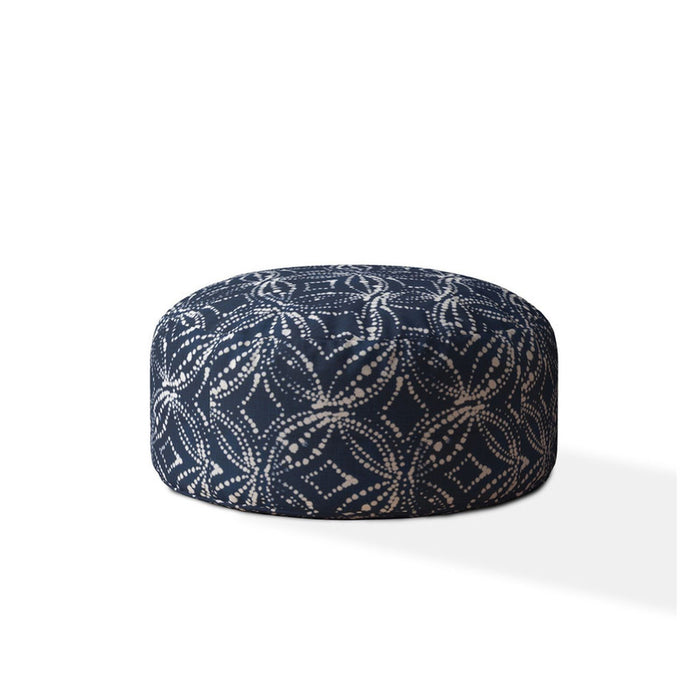 Canvas Round Damask Pouf Ottoman - Blue / White