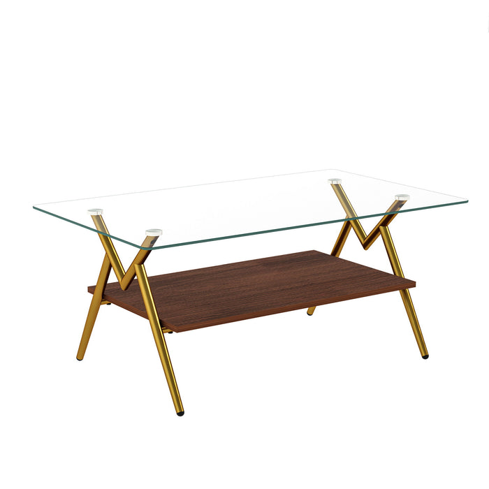 Rectangle Coffee Table With Tempered Glass Top And Shelf, Modern Table For Living Room