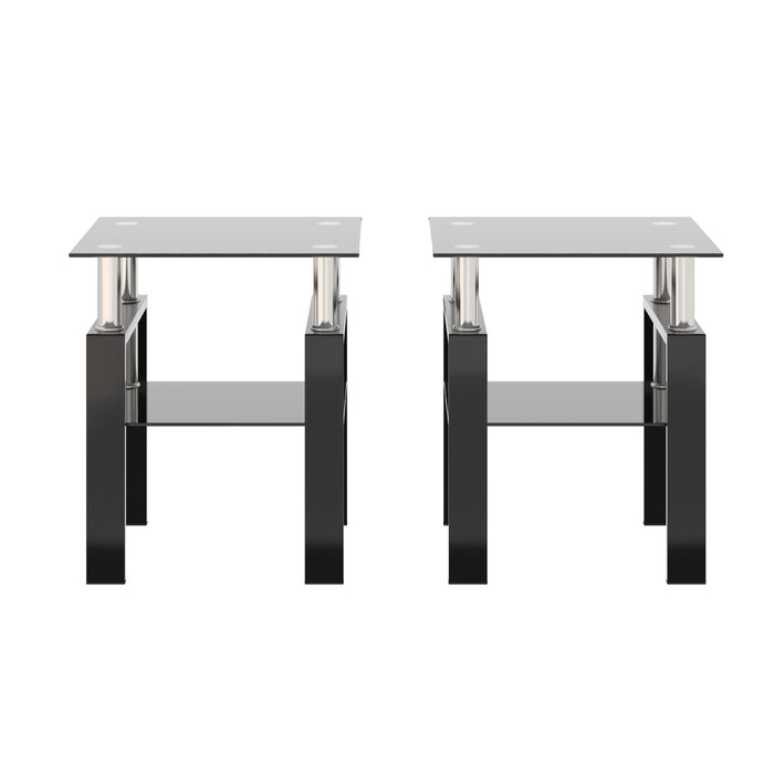 Modern Tempered Glass Tea Table, End Square Table For Living Room (Set of 2) - Black