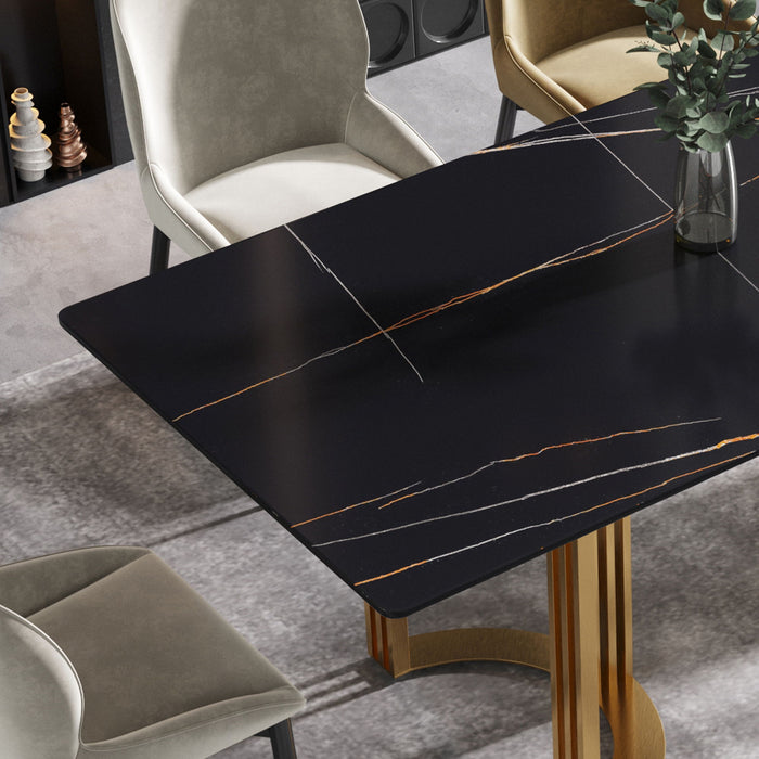 70.87" Modern Artificial Stone Straight Edge Metal Leg Dining Table, Can Accommodate 6-8 People - Black / Gold