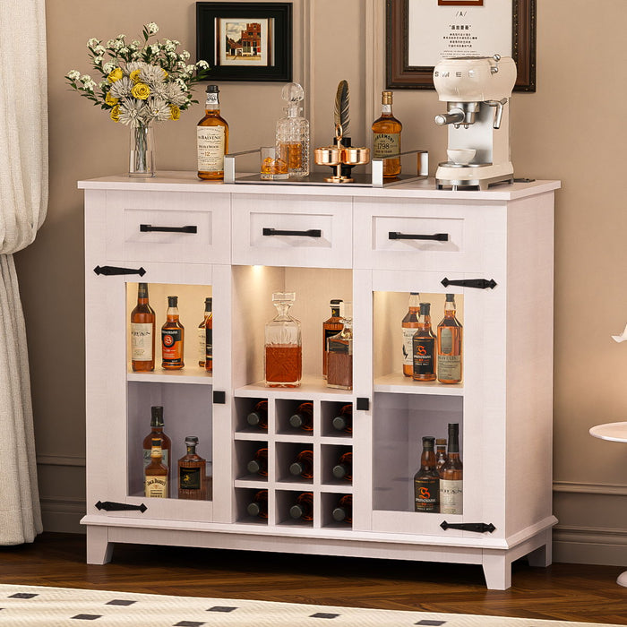 Modern Farmhouse Sideboard Buffet Coffee Bar Cabinet Storage Cabinet With LED Charging Station, Wine & Glass Rack, 3 Drawers, For Kitchen, Dining Room, Living Room - Antique White