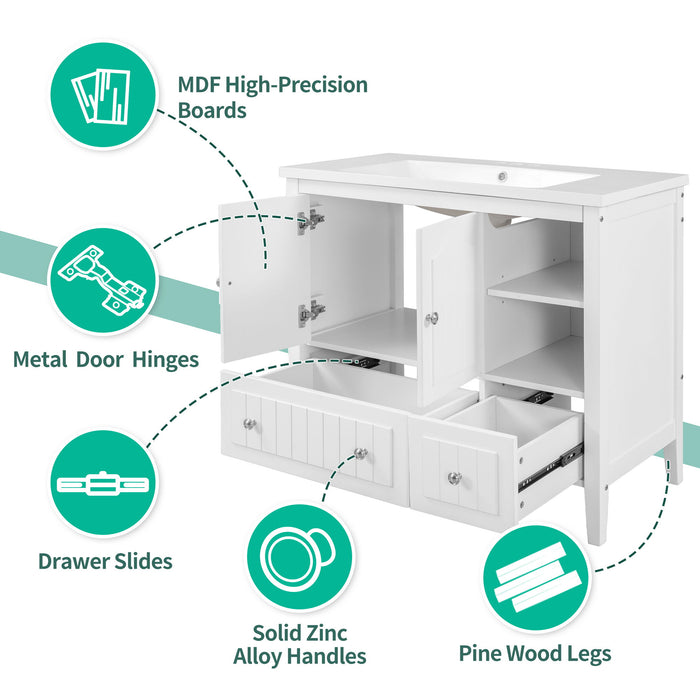 Bathroom Vanity With Ceramic Basin, Bathroom Storage Cabinet With Two Doors And Drawers, Solid Frame, Metal Handles