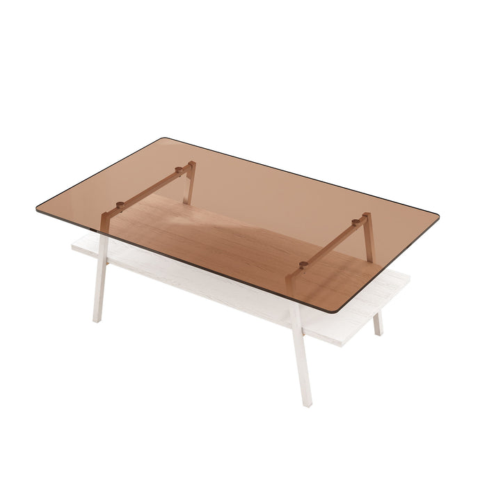 Rectangle Coffee Table, Tempered Glass Tabletop With Metal Legs, Modern Table For Living Room - Brown