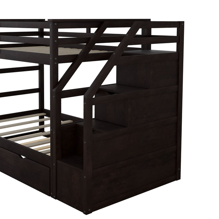 Twin Over Twin Bunk Bed With Twin Size Trundle And 3 Storage Stairs - Espresso