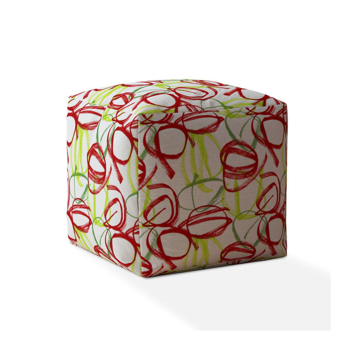 Cotton Abstract Pouf Ottoman - Red / White