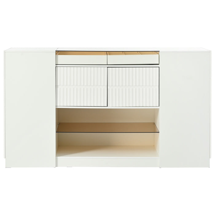 Modern Luxury Multi-Functional Island Vanity Dresser And Storage Cabinet With Glass Tabletop, Display Shelf, 6 Drawers For Walk In Wardrobe And Bedroom - Cream White