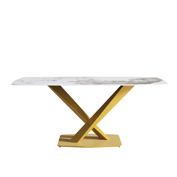 70.87" Modern Artificial Stone Pandora White Curved Golden Metal Leg Dining Table - Antique White / Gold