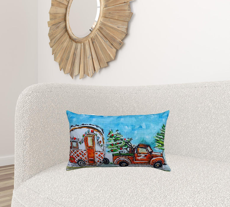 14"Lx20"D Christmas Holiday Van Throw Pillow - Red And Blue