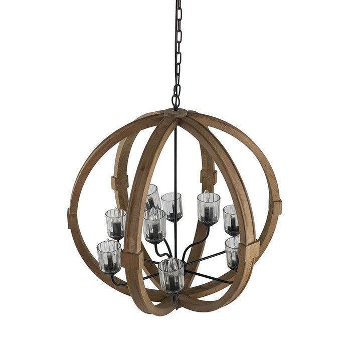 9 Light Globe Chandelier, Wood Chandelier Hanging Light Fixture With Adjustable Chain For Kitchen Dining Room Foyer Entryway, Bulb Not Included - Brown