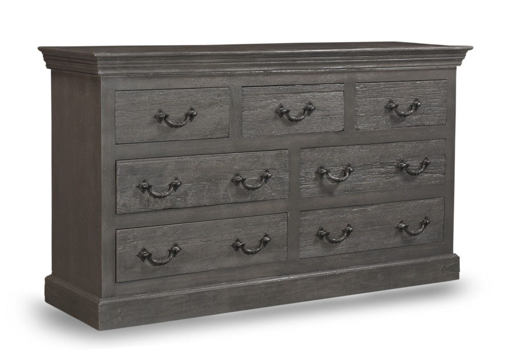 Distressed Solid And Reclaimed Wood Seven Drawer Double Dresser - Gray