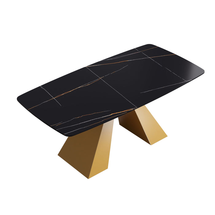 70.87" Modern Artificial Stone Curved Metal Leg Dining Table, Can Accommodate 6-8 People - Black / Gold