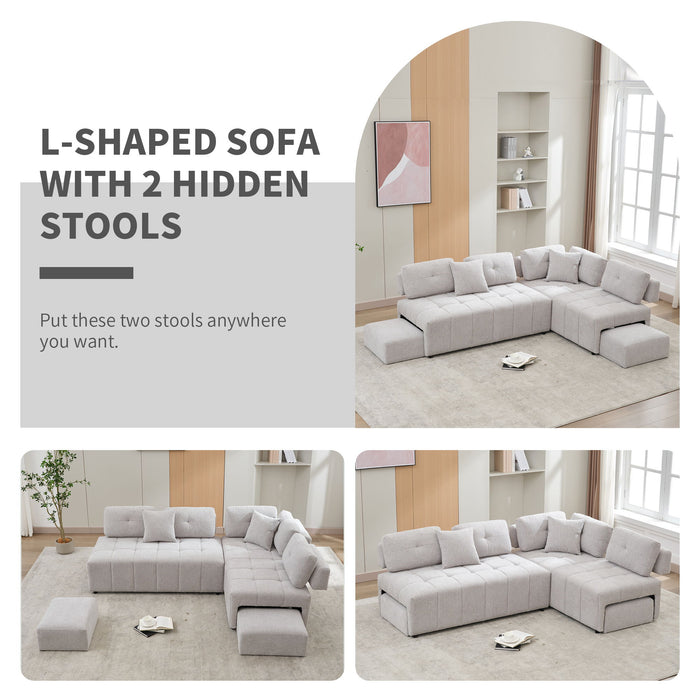 L-Shaped Sofa Sectional Sofa Couch With 2 Stools And 2 Lumbar Pillows For Living Room