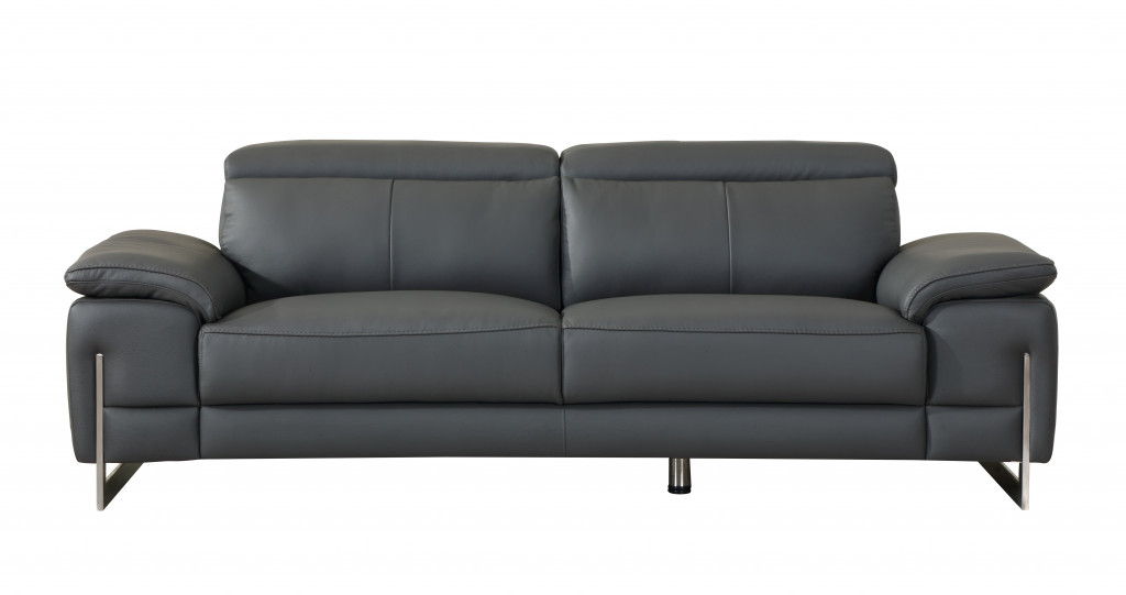 Italian Leather Sofa & Silver Legs - Dark Gray