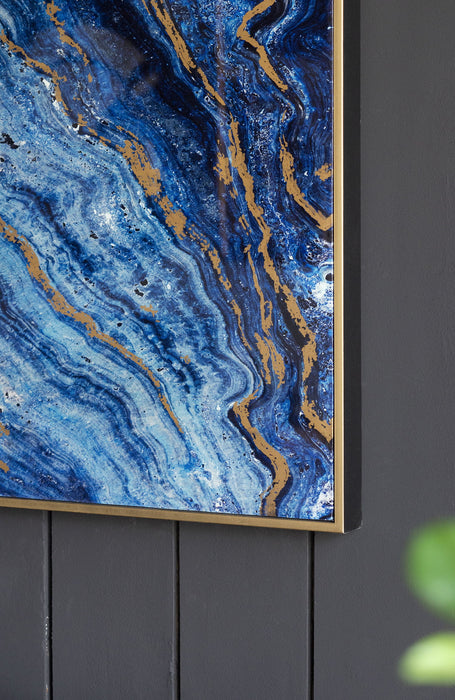 Framed Art Panels, Unique Marbled Design (Set of 2) - Blue / Gold