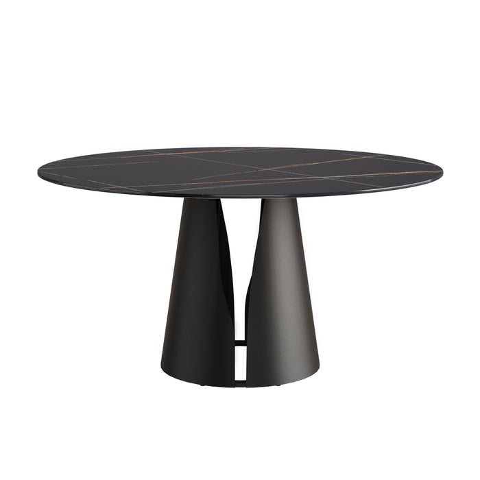 Modern Artificial Stone Round Carbon Steel Base Dining Table, Can Accommodate 6 People - Black / Gold