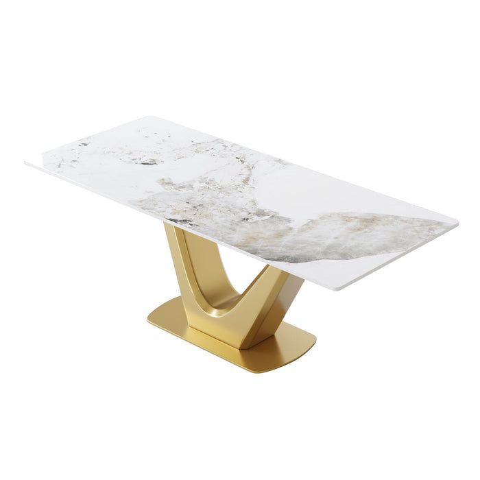 78.74" Modern Artificial Stone Pandora Panel Golden V-Shaped Metal Legs, Can Accommodate 8 People - White / Gold