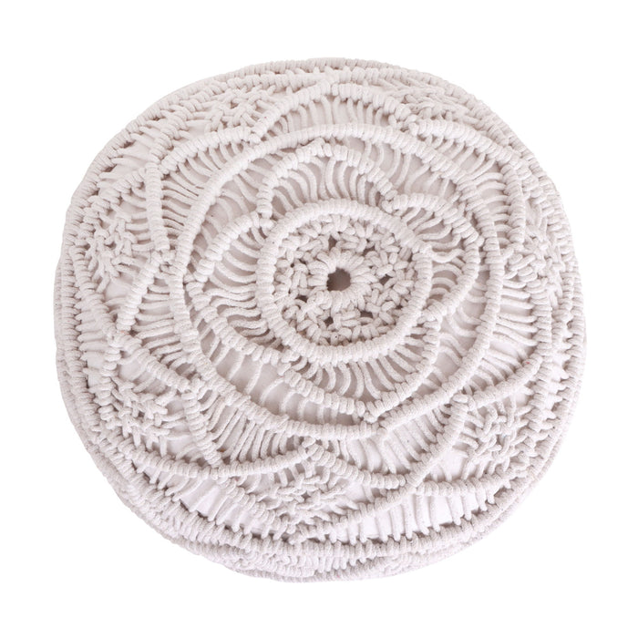 Cotton Blend Round Floral Pouf Ottoman - White