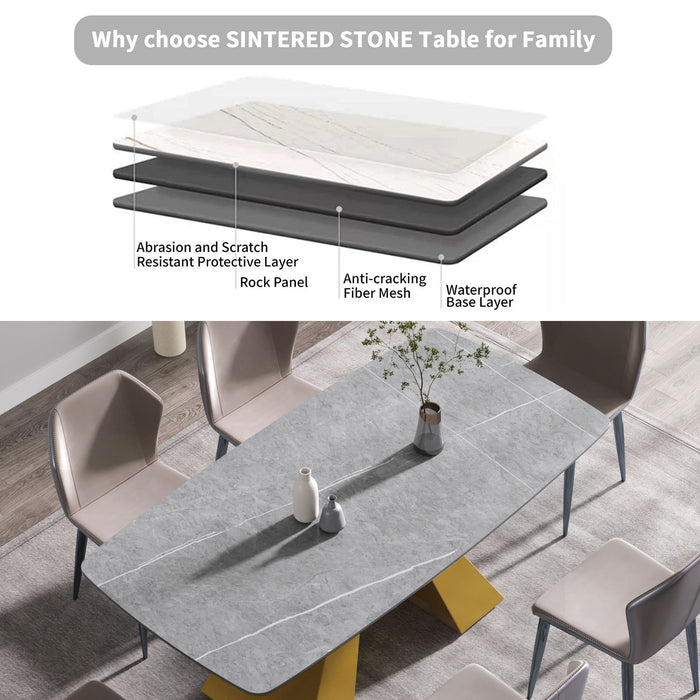 70.87" Modern Artificial Stone Gray Curved Golden Metal Leg Dining Table, Can Accommodate 6-8 People - Gray / Gold