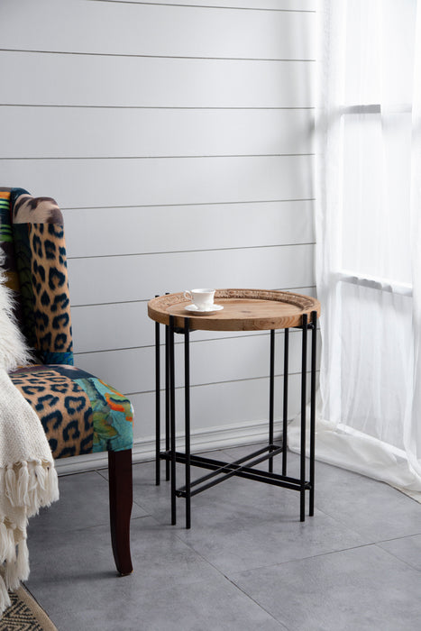 Round Side Table With Wood Top, End Table For Living Room Bedroom - Black Brown