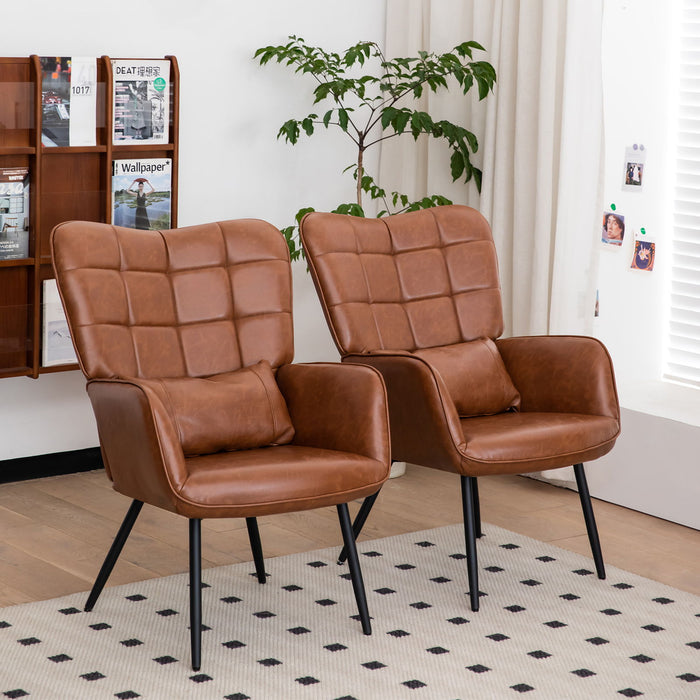 32.3" Bonded Leather Armchair, Modern Accent Chair High Back, Living Room Chair With Metal Legs And Soft Padded, Sofa Chairs For Home Office, Bedroom, Dining Room - Brown