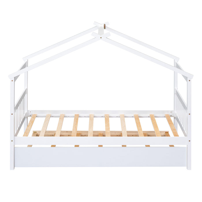 Wooden House Bed With Twin Size Trundle