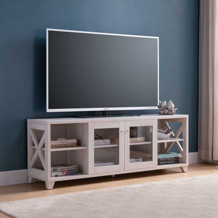 Farmhouse Home Entertainment Center, TV Stand With 4 Shelves And Transparent Center Cabinet - White Oak