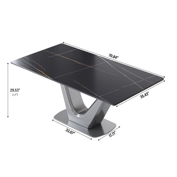 70.84" Modern Artificial Stone Panel V-Shaped Metal Legs, Can Accommodate 6-8 People - Black Top