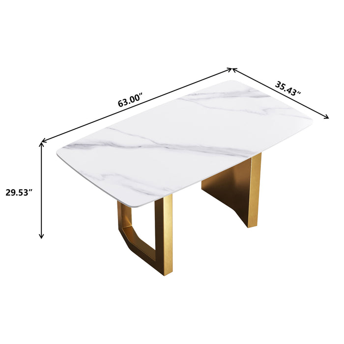 63" Modern Artificial Stone White Curved Golden Metal Leg Dining Table, 6 People - White / Gold