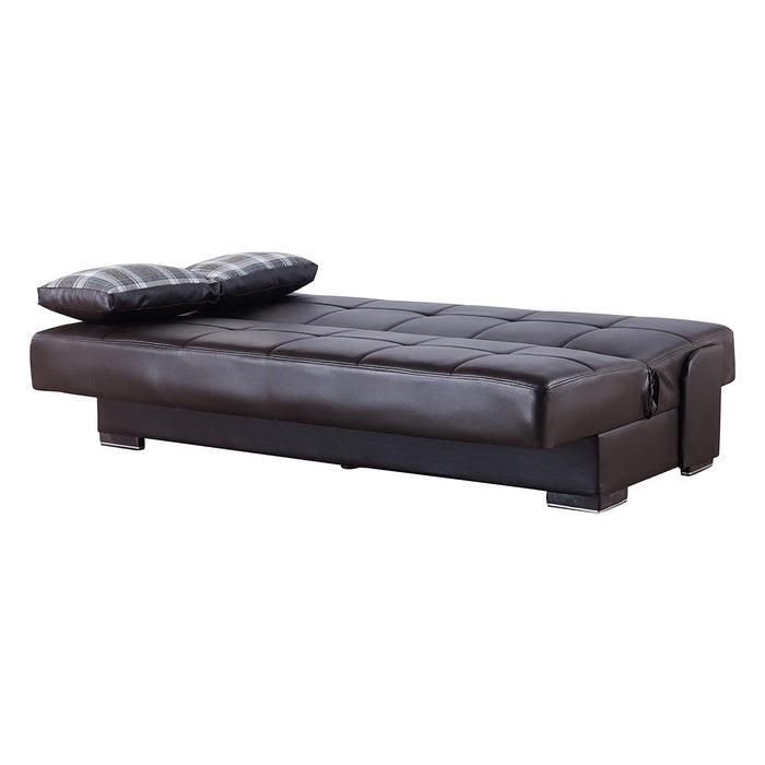 Sleeper Sofa Faux Leather And Toss Pillows With Brown Legs - Dark Brown