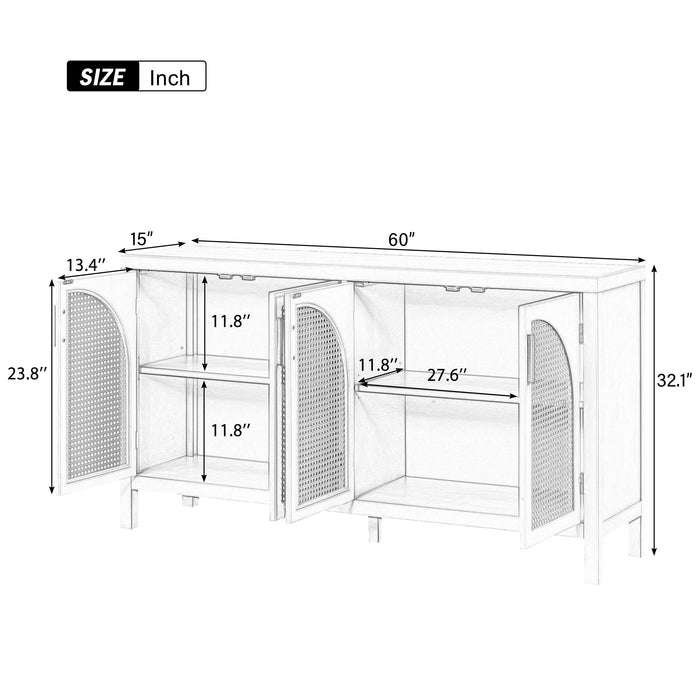 Large Storage Space Sideboard With Artificial Rattan Door And Metal Handles For Living Room And Entryway - Black