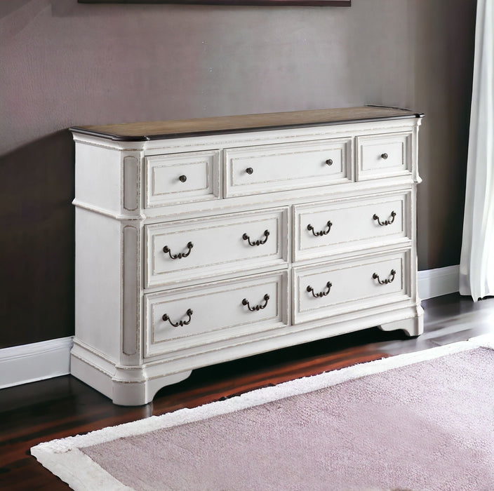 Solid Wood Seven Drawer Triple Dresser - Brown / White