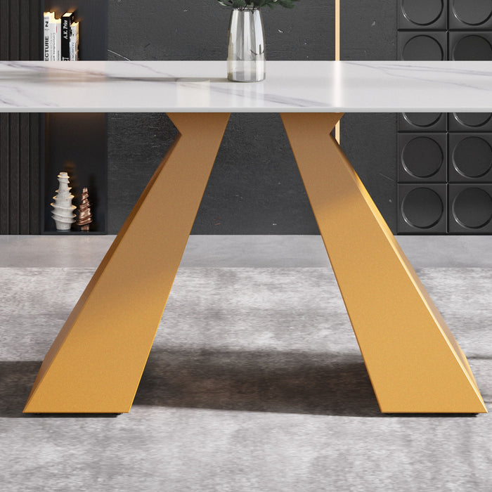 70.87" Modern Artificial Stone White Straight Edge Metal Leg Dining Table - White / Gold