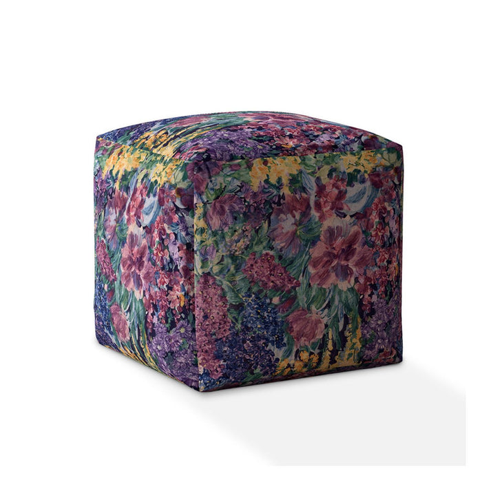 Cotton Floral Pouf Cover - Blue / Green