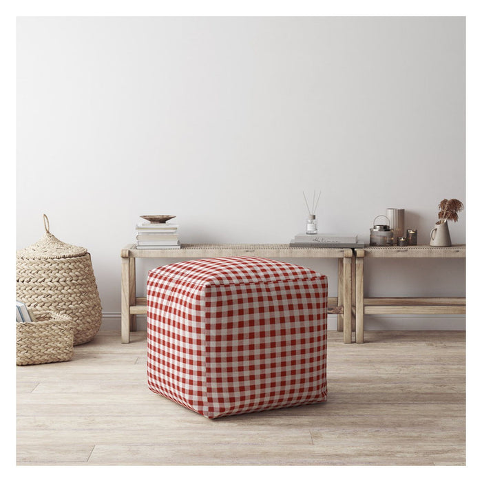 Cotton Gingham Pouf Cover - Red / White