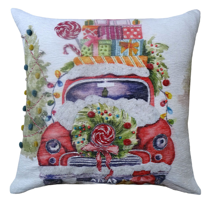 20"Lx 20"D Zippered Handmade Cotton Blend Christmas Holiday Van Throw Pillow With Pom Poms - Green And Red