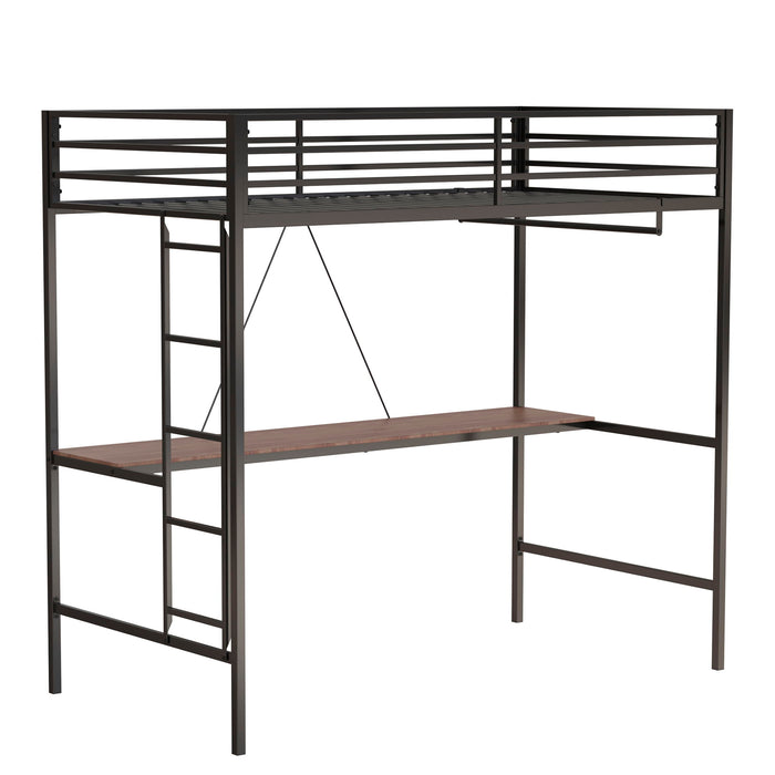 Adam - Twin Loft Bunk Bed With Cinnamon Wood Desk And Closet Rod - Black