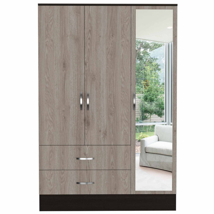 Three Door Wardrobe Closet With Mirror - Light Oak /	Black