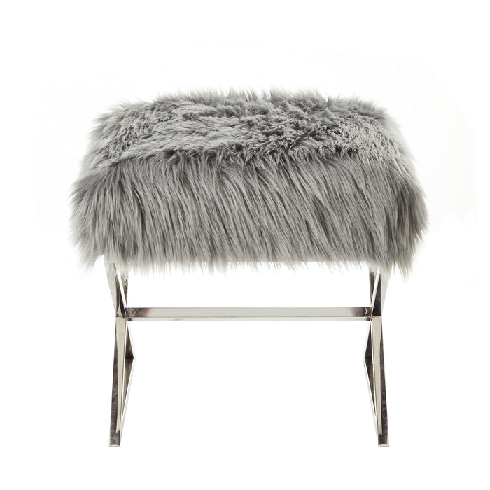 Faux Fur Ottoman - Gray / Silver