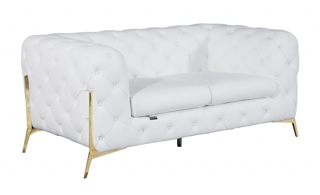 All Over Tufted Loveseat - White and Gold - Italian Leather