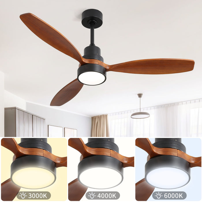 Wooden Ceiling Fan With 3 Solid Wood Blades Remote Control Reversible DC Motor With LED Light