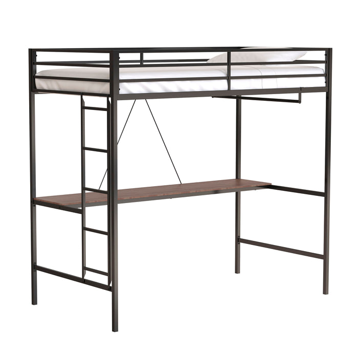 Adam - Twin Loft Bunk Bed With Cinnamon Wood Desk And Closet Rod - Black