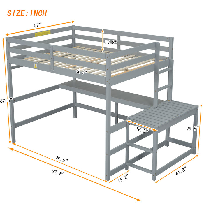 Full Loft Bed With Built-In Desk, Ladder Platform, Ladders, Guardrails - Gray