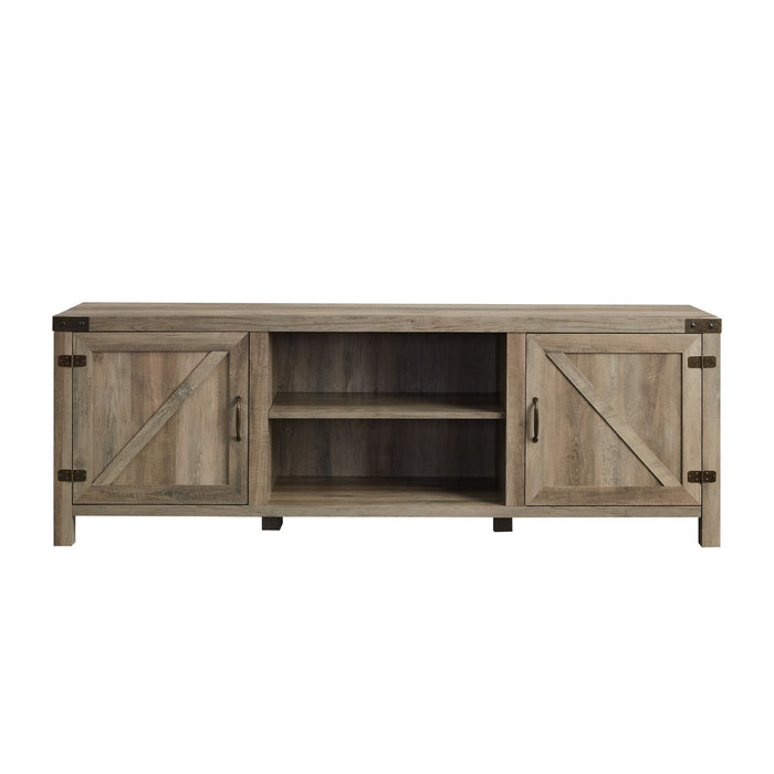 Rustic Farmhouse Double Barn Door 70" TV Stand For 80" TVs With Center Shelves