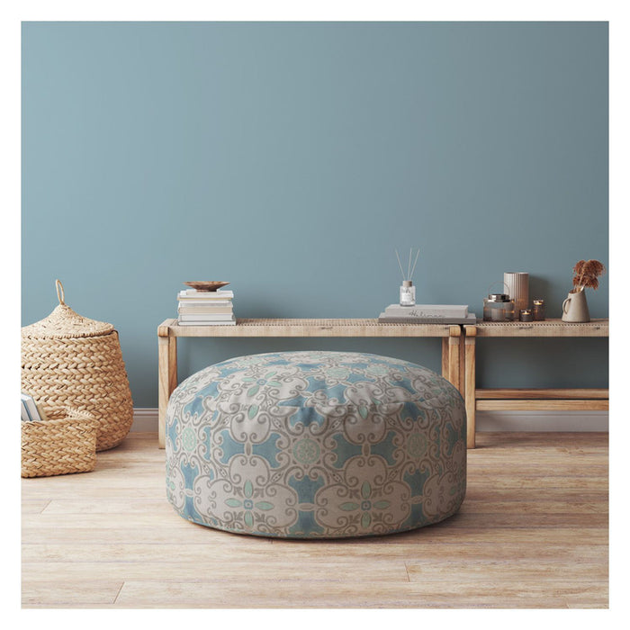 Cotton Round Ikat Pouf Ottoman - Blue