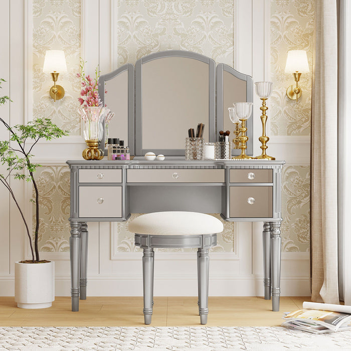 Dressing Table Set With Mirrored Drawers And Stool, Tri-Fold Mirror, Makeup Vanity Set For Bedroom