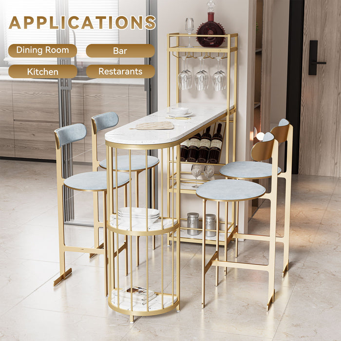 Modern White Kitchen Bar Height Dining Table Wood Breakfast Pub Table With Base With Shelves, Glass Rack, Wine Bottle Rack - White / Gold